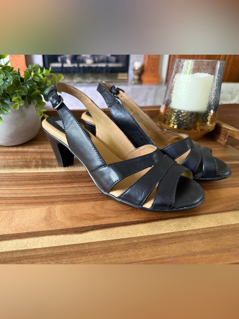 Softspots Women's Black Slingback Peep-Toe Heels